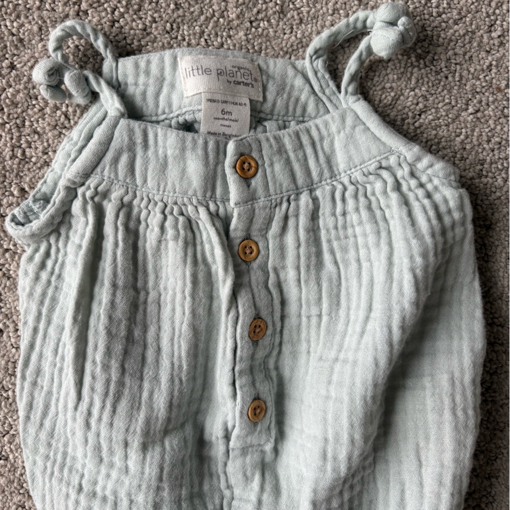 6 month Little Planet Carter’s soft green sage crinkle texture onesie!